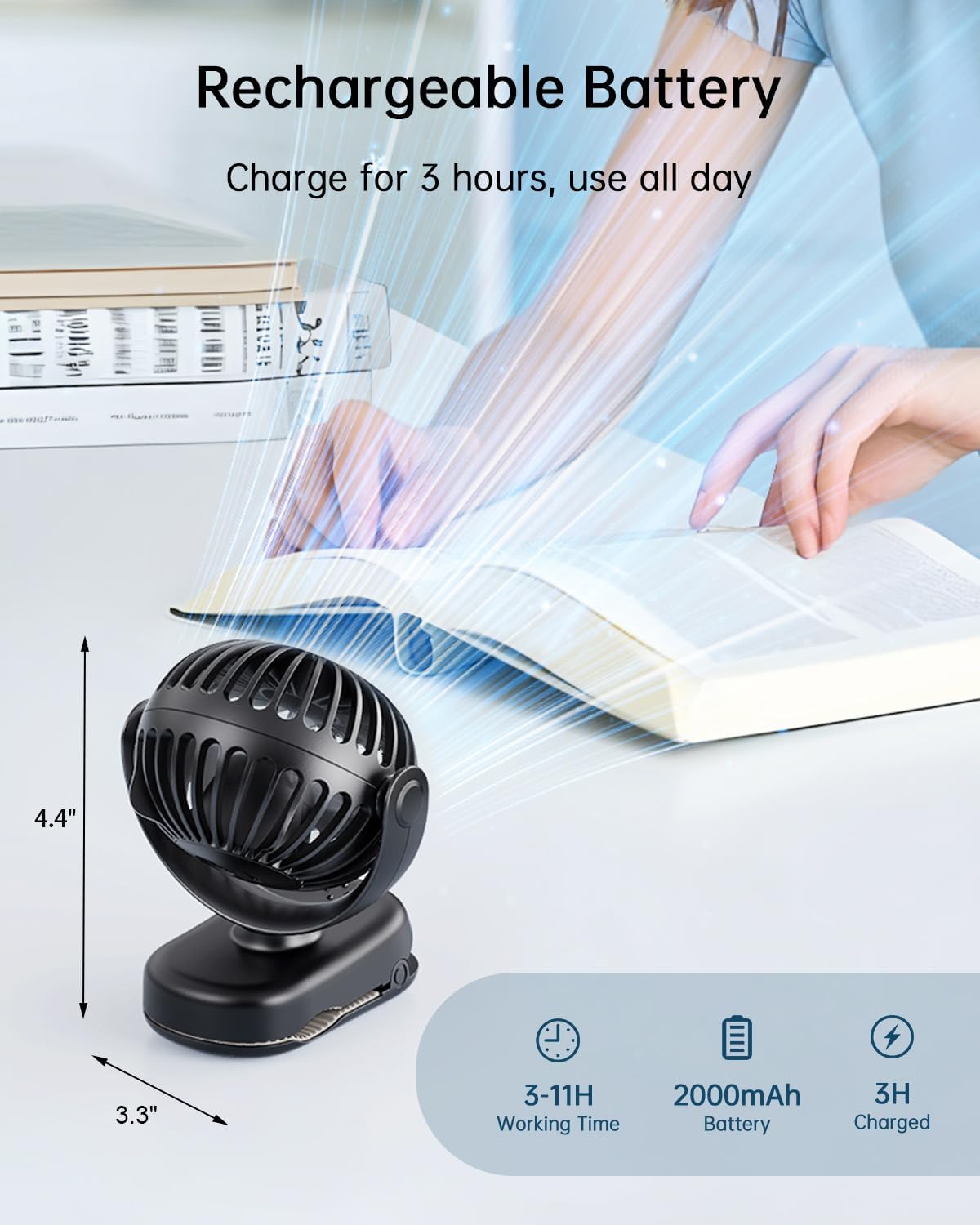 WhirlGo: Stroller Fan with Clip - Portable Rechargeable Mini Fan with Strong Clamp, 3 Speeds, 11Hrs Cooling, Cute Small Personal Desk Cooler for Bed Pet Carriers Umbrell Travel Outdoor - Black