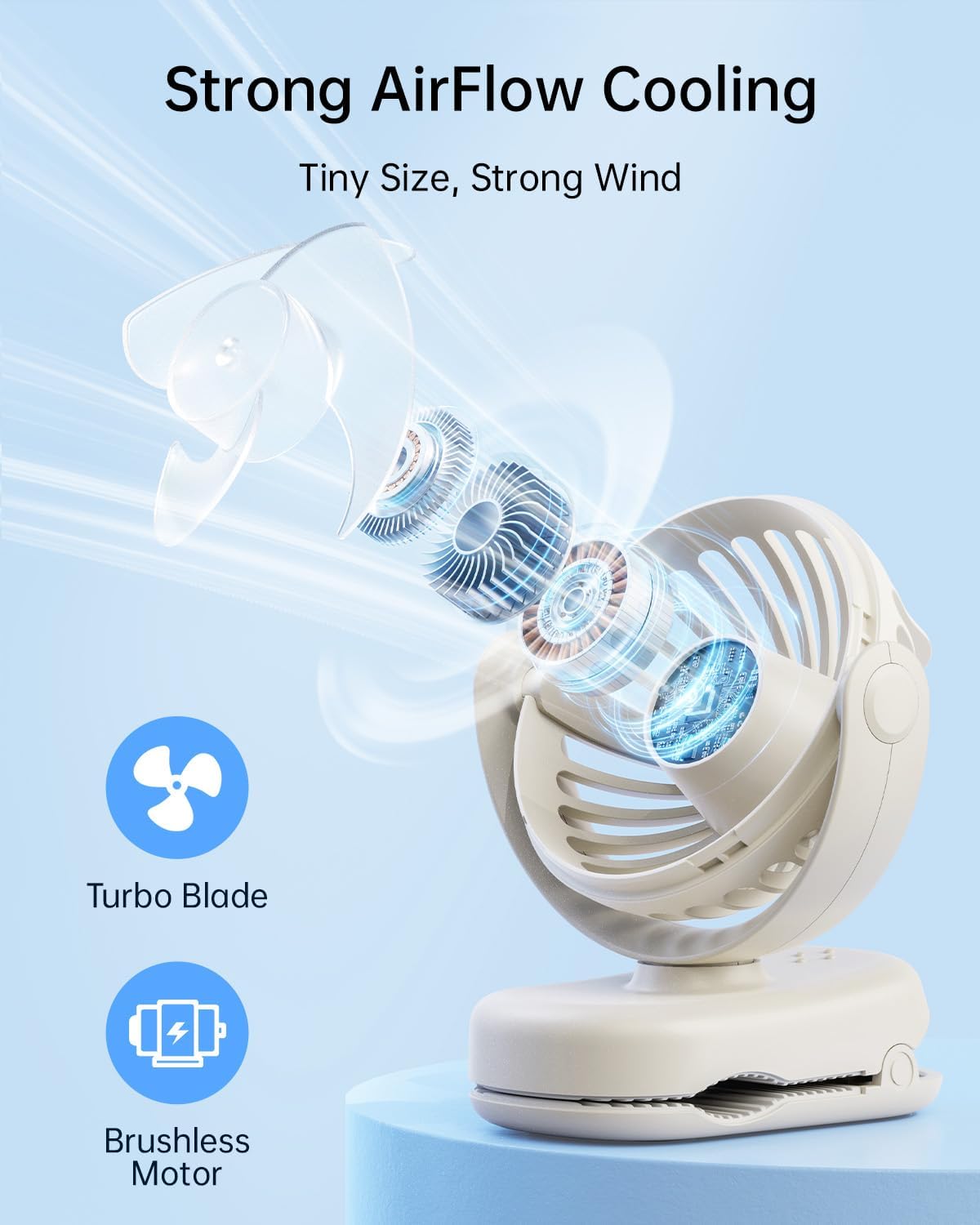 WhirlGo: Stroller Fan with Clip - Portable Rechargeable Mini Fan with Strong Clamp, 3 Speeds, 11Hrs Cooling, Cute Small Personal Desk Cooler for Bed Pet Carriers Umbrell Travel Outdoor - Black