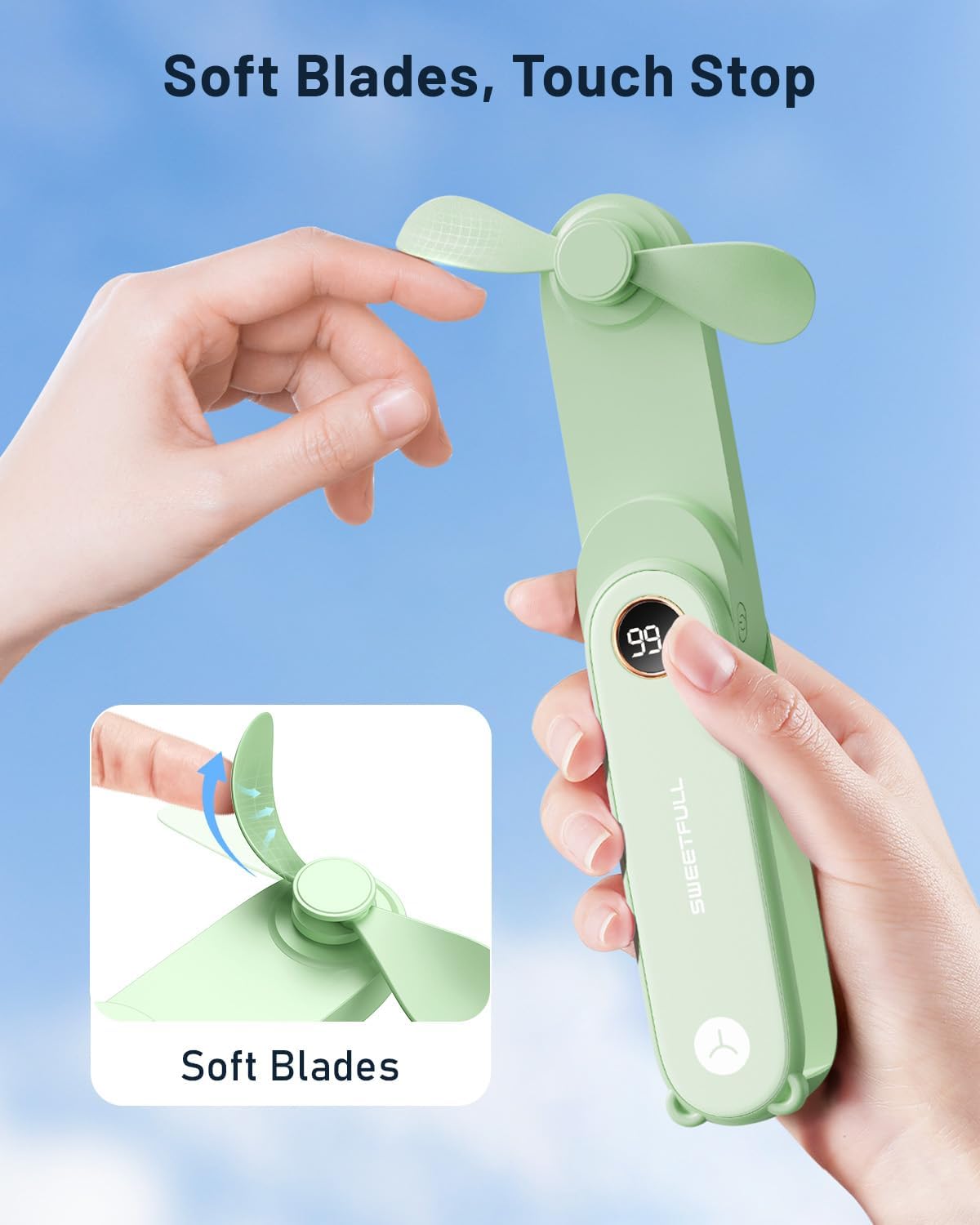 WhirlGo: Portable Handheld Mini Fan with LED Display, 2-in-1 Personal Foldable USB Rechargeable Hand Held Fan & Flashlight for Travel, Lash Eyelash, Cute Small Pocket for Women, Girls