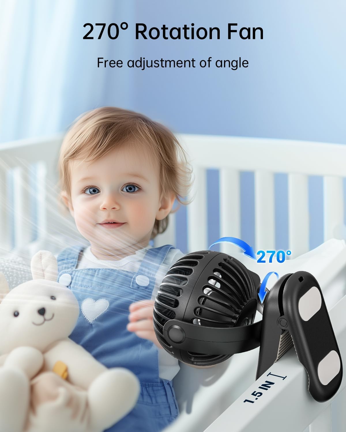 WhirlGo: Stroller Fan with Clip - Portable Rechargeable Mini Fan with Strong Clamp, 3 Speeds, 11Hrs Cooling, Cute Small Personal Desk Cooler for Bed Pet Carriers Umbrell Travel Outdoor - Black