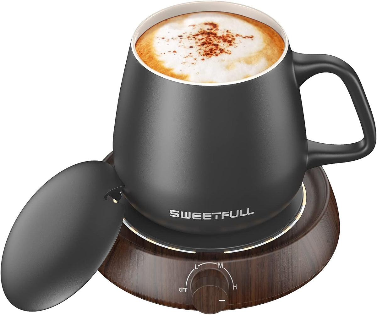 WhirlGo: Mug Warmer for Coffee and Tea Coffee Mug Warmer W/Mug and Lid Coffee Warmer As Coffee Gifts for Desk Office Coffee Lovers. （20W Cup Warmer Candle Warmer Auto Shut Off） (Wood Grain)