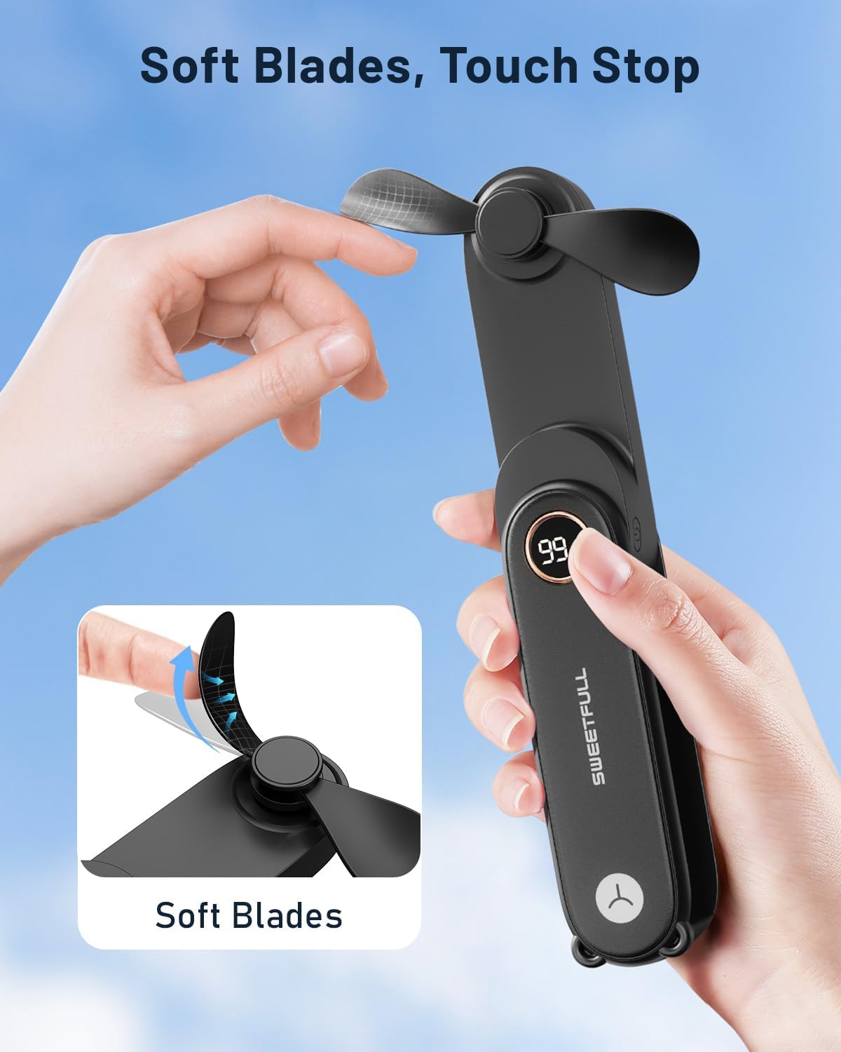 WhirlGo: Portable Handheld Mini Fan with LED Display, 2-in-1 Personal Foldable USB Rechargeable Hand Held Fan & Flashlight for Travel, Lash Eyelash, Cute Small Pocket for Women, Girls