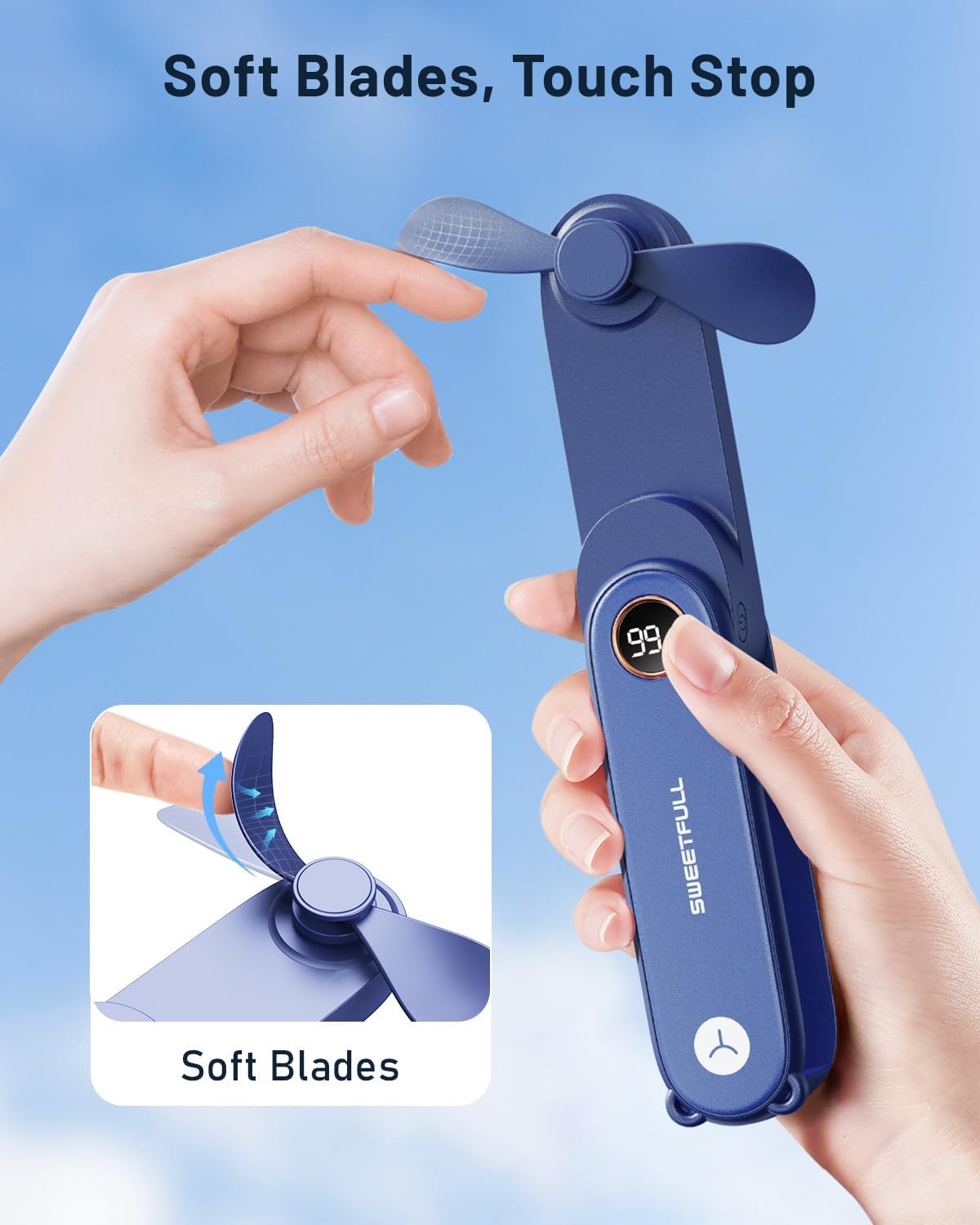 WhirlGo: Portable Handheld Mini Fan with LED Display, 2-in-1 Personal Foldable USB Rechargeable Hand Held Fan & Flashlight for Travel, Lash Eyelash, Cute Small Pocket for Women, Girls