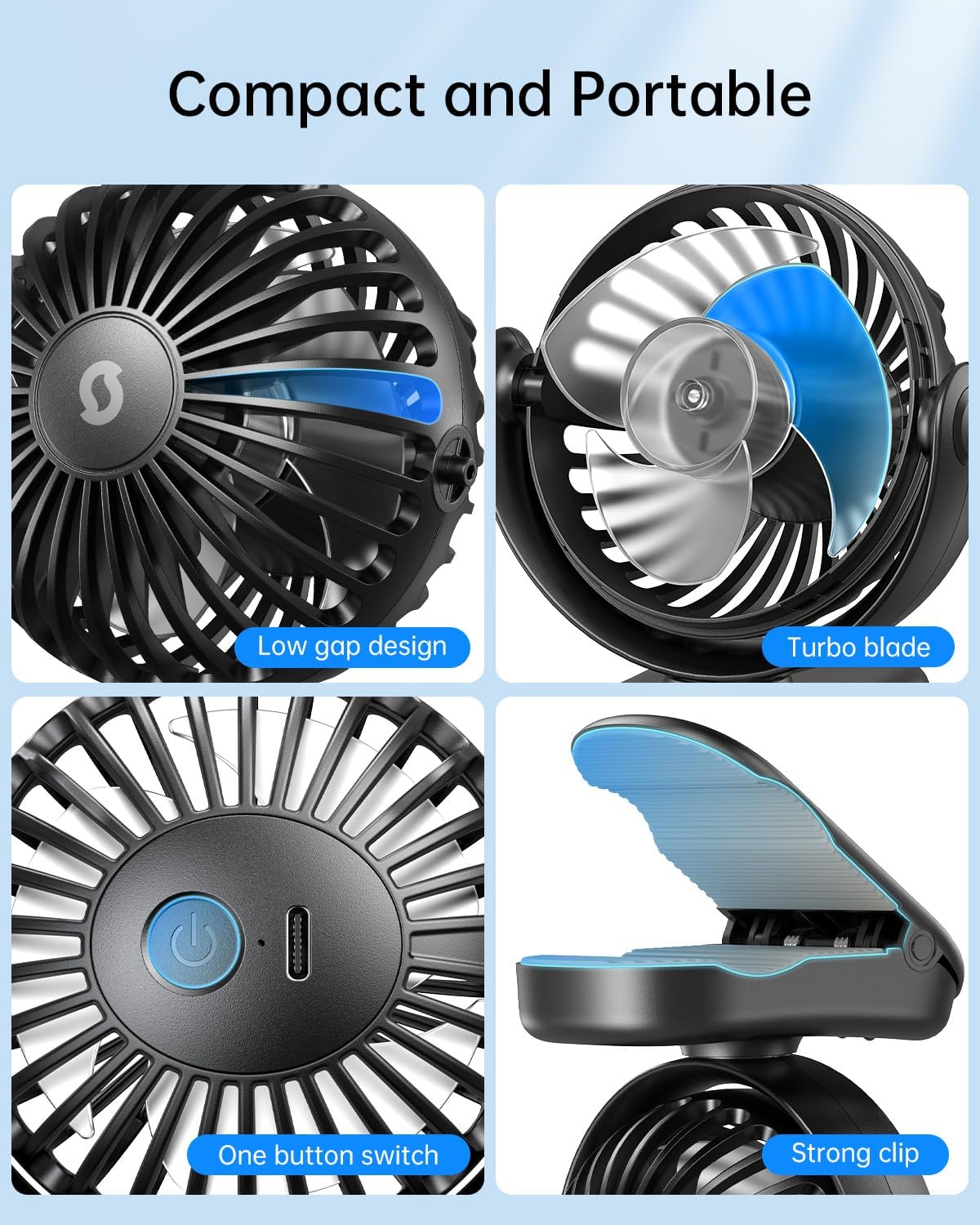 WhirlGo: Stroller Fan with Clip - Portable Rechargeable Mini Fan with Strong Clamp, 3 Speeds, 11Hrs Cooling, Cute Small Personal Desk Cooler for Bed Pet Carriers Umbrell Travel Outdoor - Black