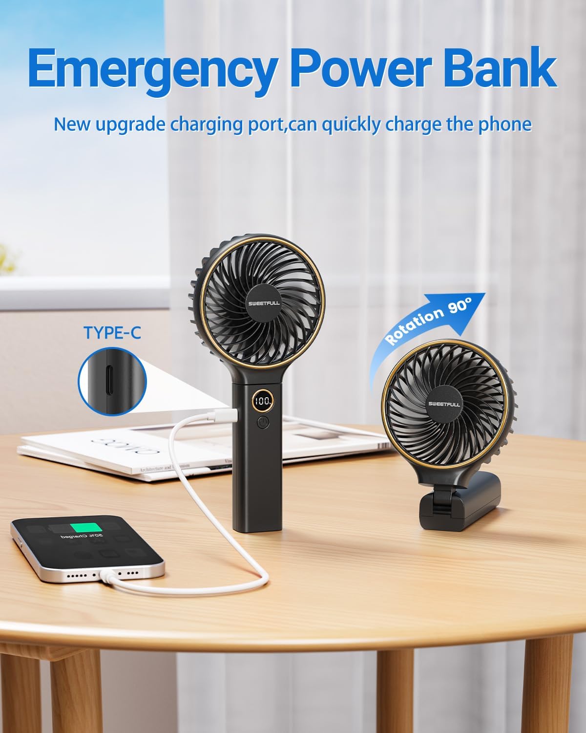 WhirlGo:  Handheld Fan, Portable Fan, 5000mAh Rechargeable Battery, 6 Speed Wind, LED Display, Personal Mini Travel Fan with Backup Power, Hand Held Fan USB Foldable Electric Fan for Women Girl