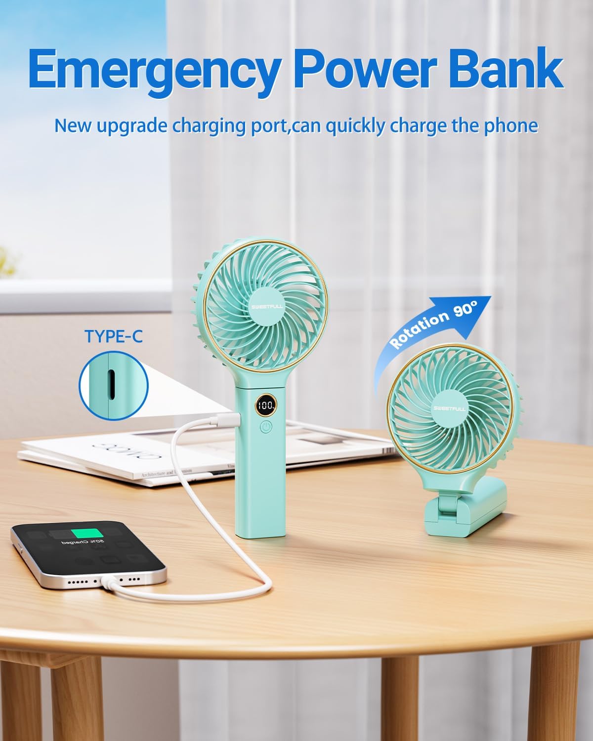 WhirlGo:  Handheld Fan, Portable Fan, 5000mAh Rechargeable Battery, 6 Speed Wind, LED Display, Personal Mini Travel Fan with Backup Power, Hand Held Fan USB Foldable Electric Fan for Women Girl