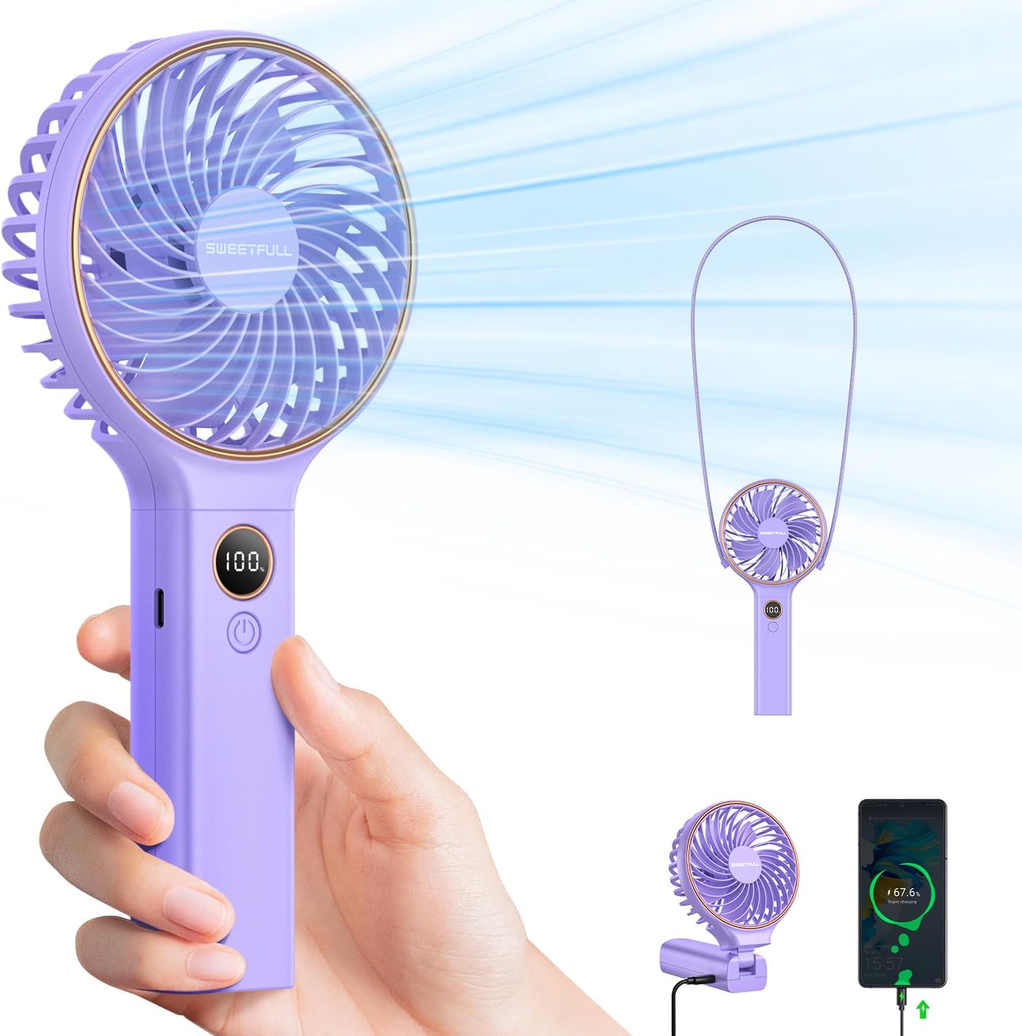 WhirlGo:  Handheld Fan, Portable Fan, 5000mAh Rechargeable Battery, 6 Speed Wind, LED Display, Personal Mini Travel Fan with Backup Power, Hand Held Fan USB Foldable Electric Fan for Women Girl
