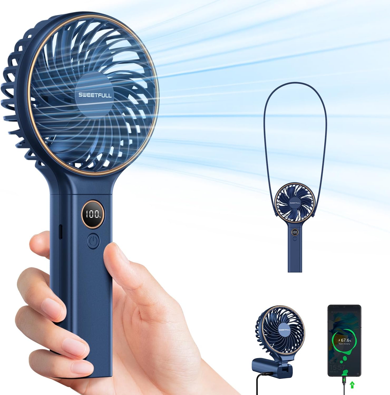 WhirlGo:  Handheld Fan, Portable Fan, 5000mAh Rechargeable Battery, 6 Speed Wind, LED Display, Personal Mini Travel Fan with Backup Power, Hand Held Fan USB Foldable Electric Fan for Women Girl