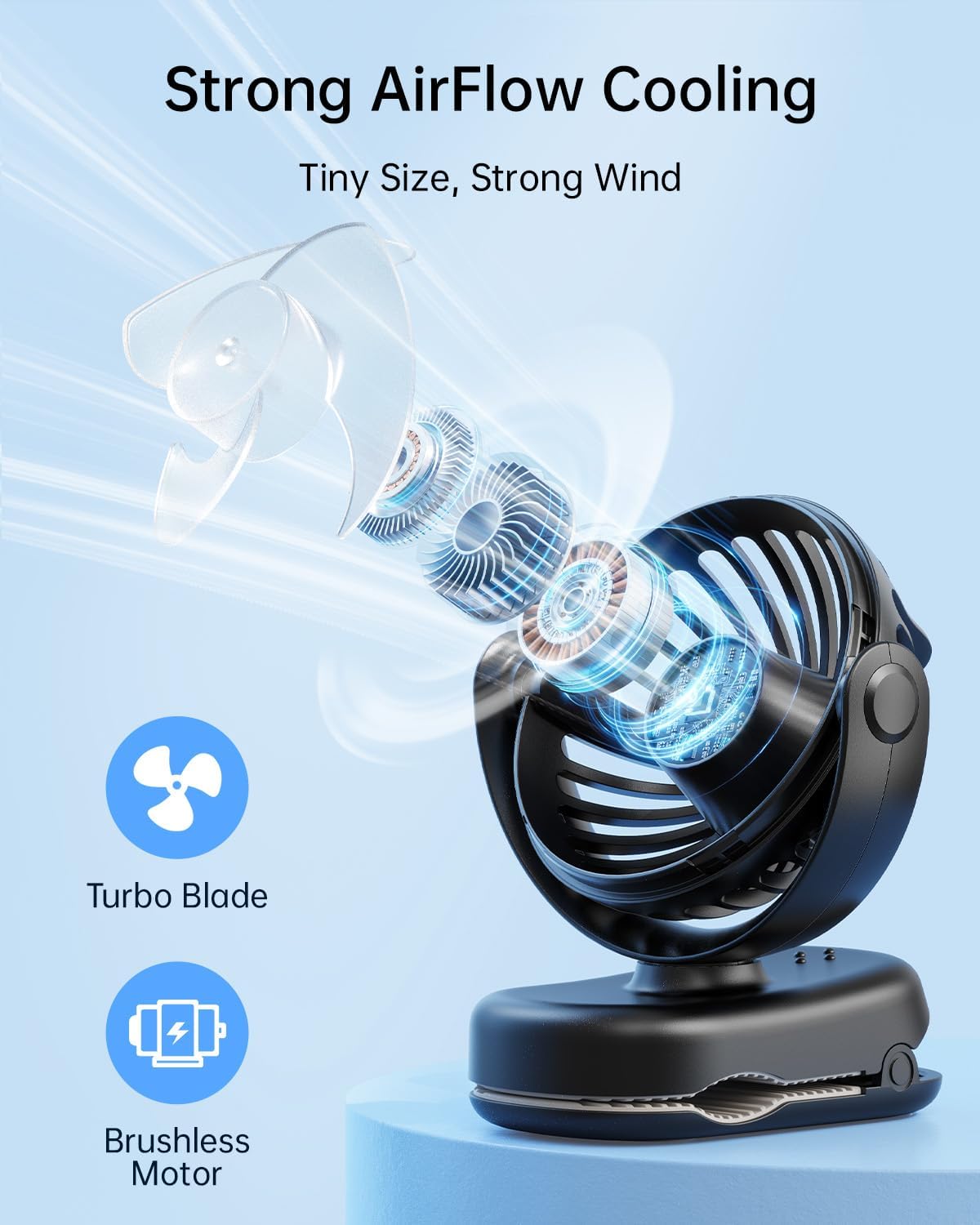 WhirlGo: Stroller Fan with Clip - Portable Rechargeable Mini Fan with Strong Clamp, 3 Speeds, 11Hrs Cooling, Cute Small Personal Desk Cooler for Bed Pet Carriers Umbrell Travel Outdoor - Black