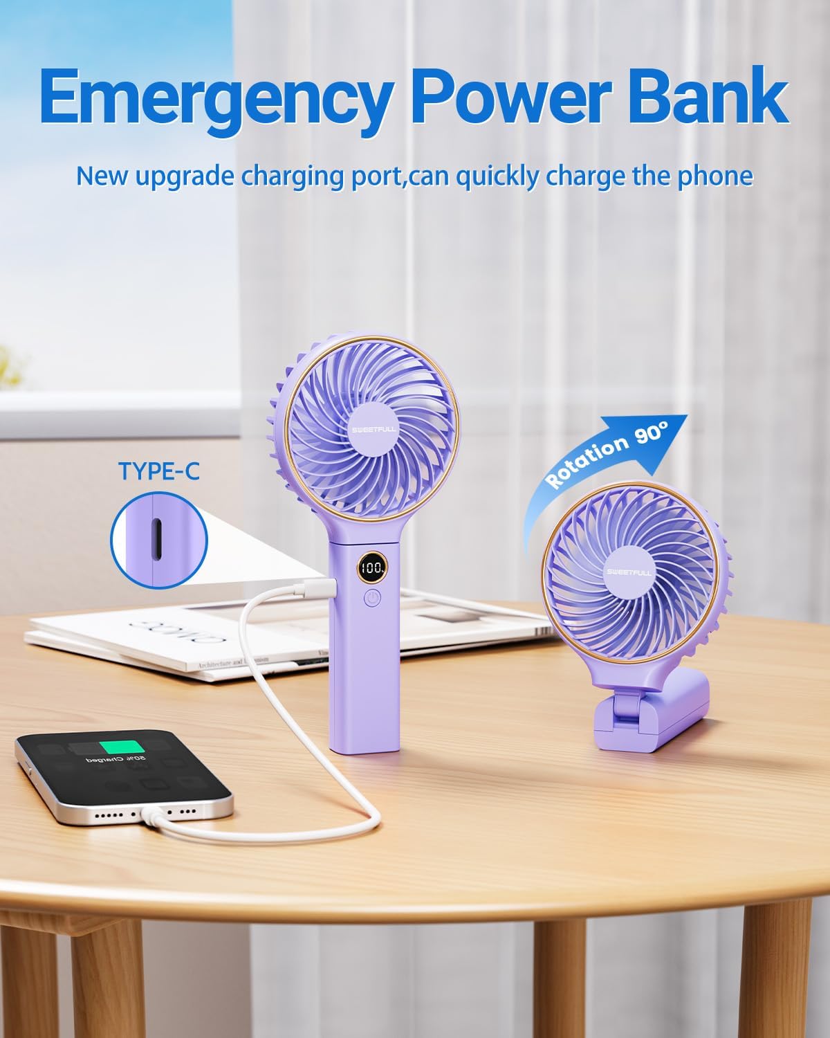 WhirlGo:  Handheld Fan, Portable Fan, 5000mAh Rechargeable Battery, 6 Speed Wind, LED Display, Personal Mini Travel Fan with Backup Power, Hand Held Fan USB Foldable Electric Fan for Women Girl