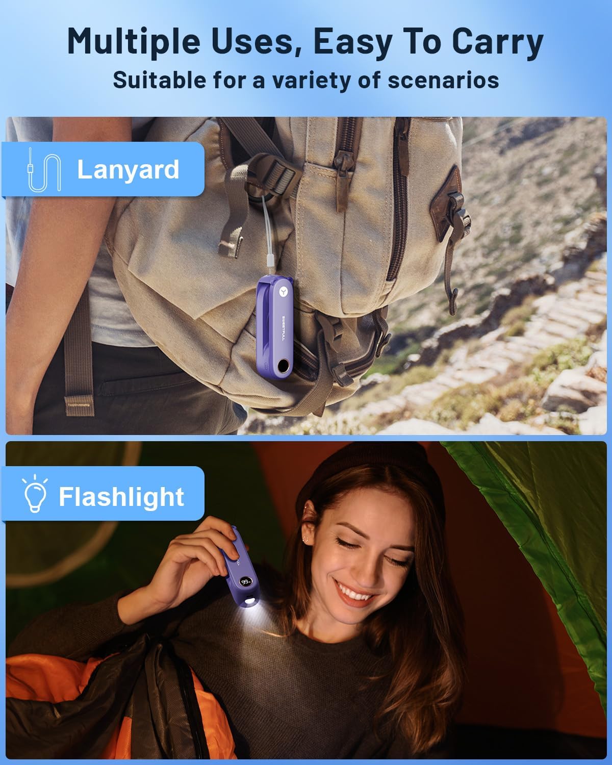 WhirlGo: Portable Handheld Mini Fan with LED Display, 2-in-1 Personal Foldable USB Rechargeable Hand Held Fan & Flashlight for Travel, Lash Eyelash, Cute Small Pocket for Women, Girls
