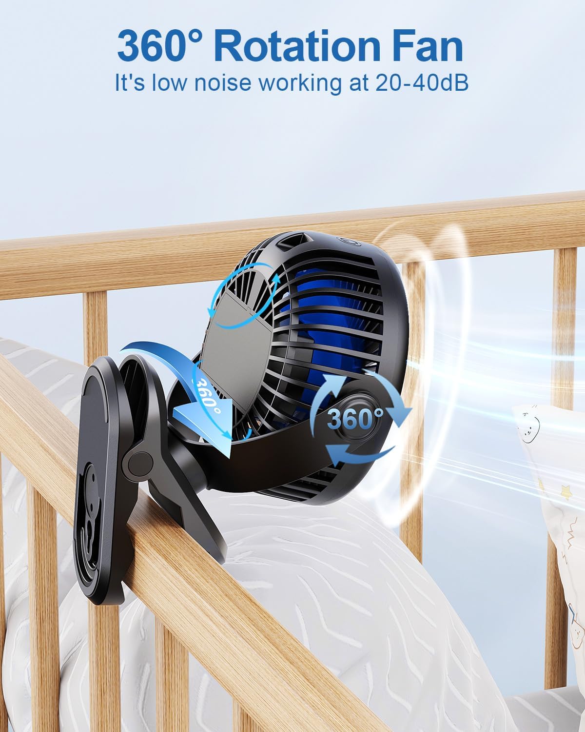 WhirlGo:  Portable Clip on Fan - Battery Operated Stroller Fan, 4000mAh Small Rechargeable Fans with LED Display, 4 Speeds, Mini Personal Cooling Desk Cooler for Golf Cart Travel Camping Gym (Black)