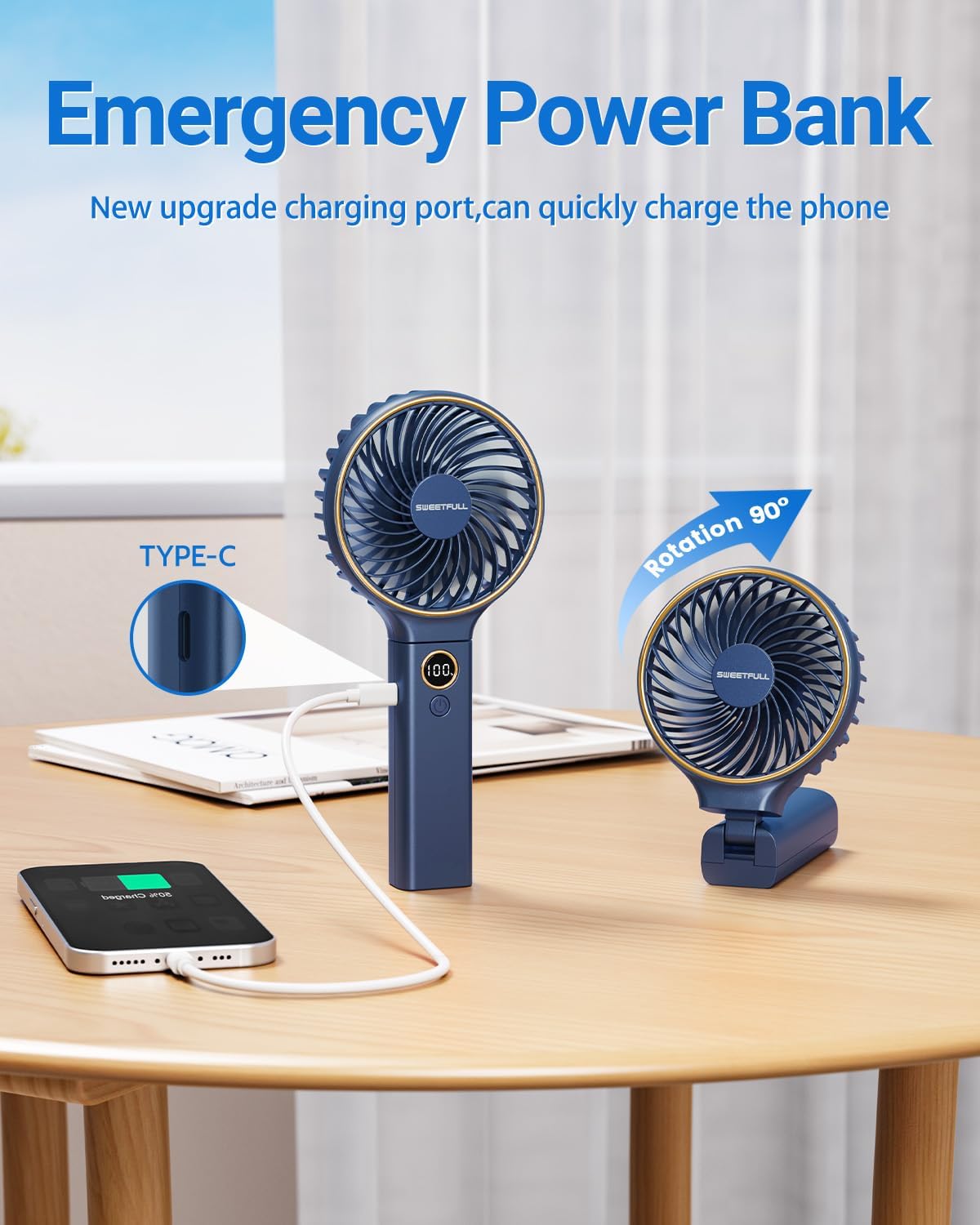 WhirlGo:  Handheld Fan, Portable Fan, 5000mAh Rechargeable Battery, 6 Speed Wind, LED Display, Personal Mini Travel Fan with Backup Power, Hand Held Fan USB Foldable Electric Fan for Women Girl