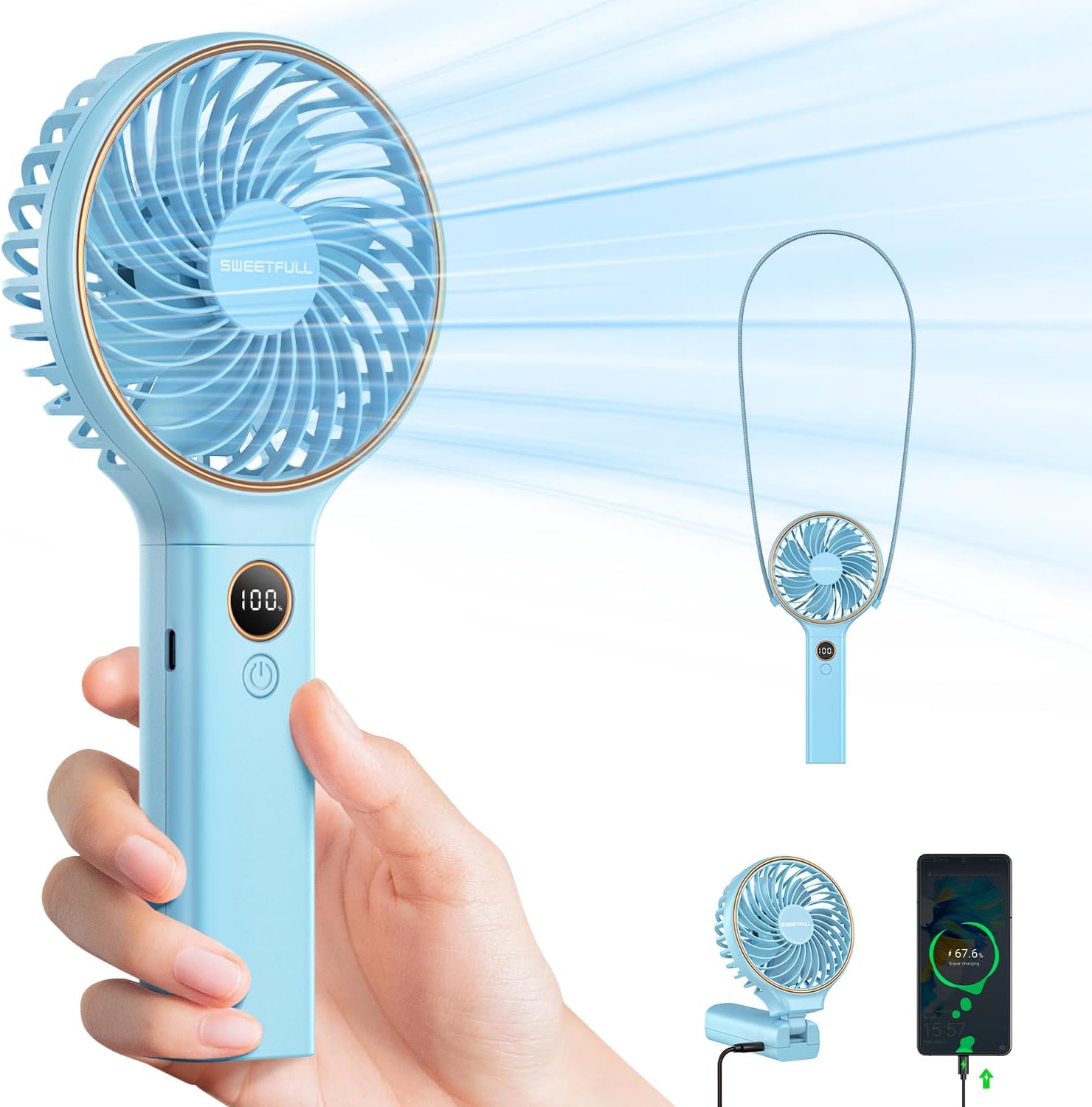 WhirlGo:  Handheld Fan, Portable Fan, 5000mAh Rechargeable Battery, 6 Speed Wind, LED Display, Personal Mini Travel Fan with Backup Power, Hand Held Fan USB Foldable Electric Fan for Women Girl