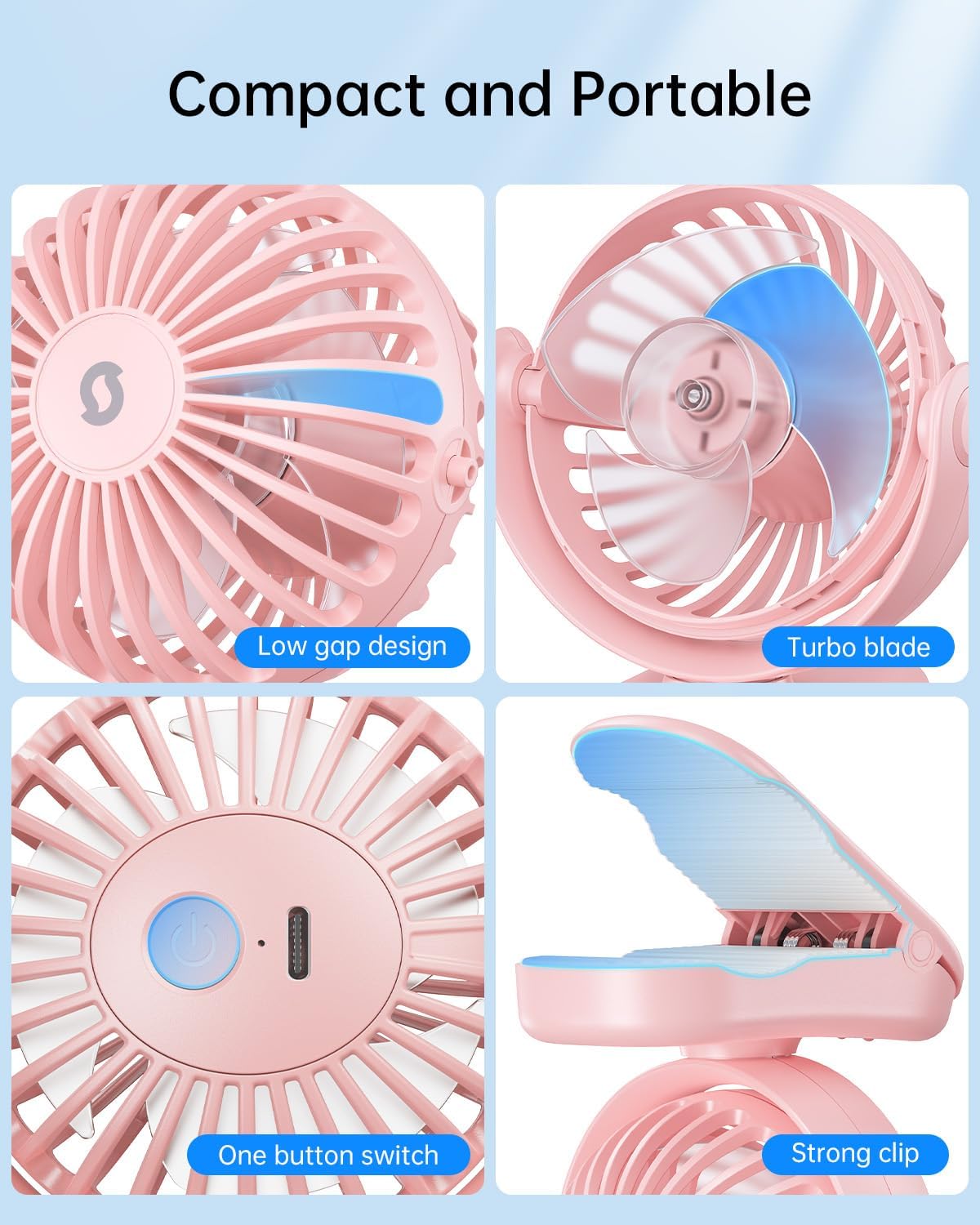 WhirlGo: Stroller Fan with Clip - Portable Rechargeable Mini Fan with Strong Clamp, 3 Speeds, 11Hrs Cooling, Cute Small Personal Desk Cooler for Bed Pet Carriers Umbrell Travel Outdoor - Black
