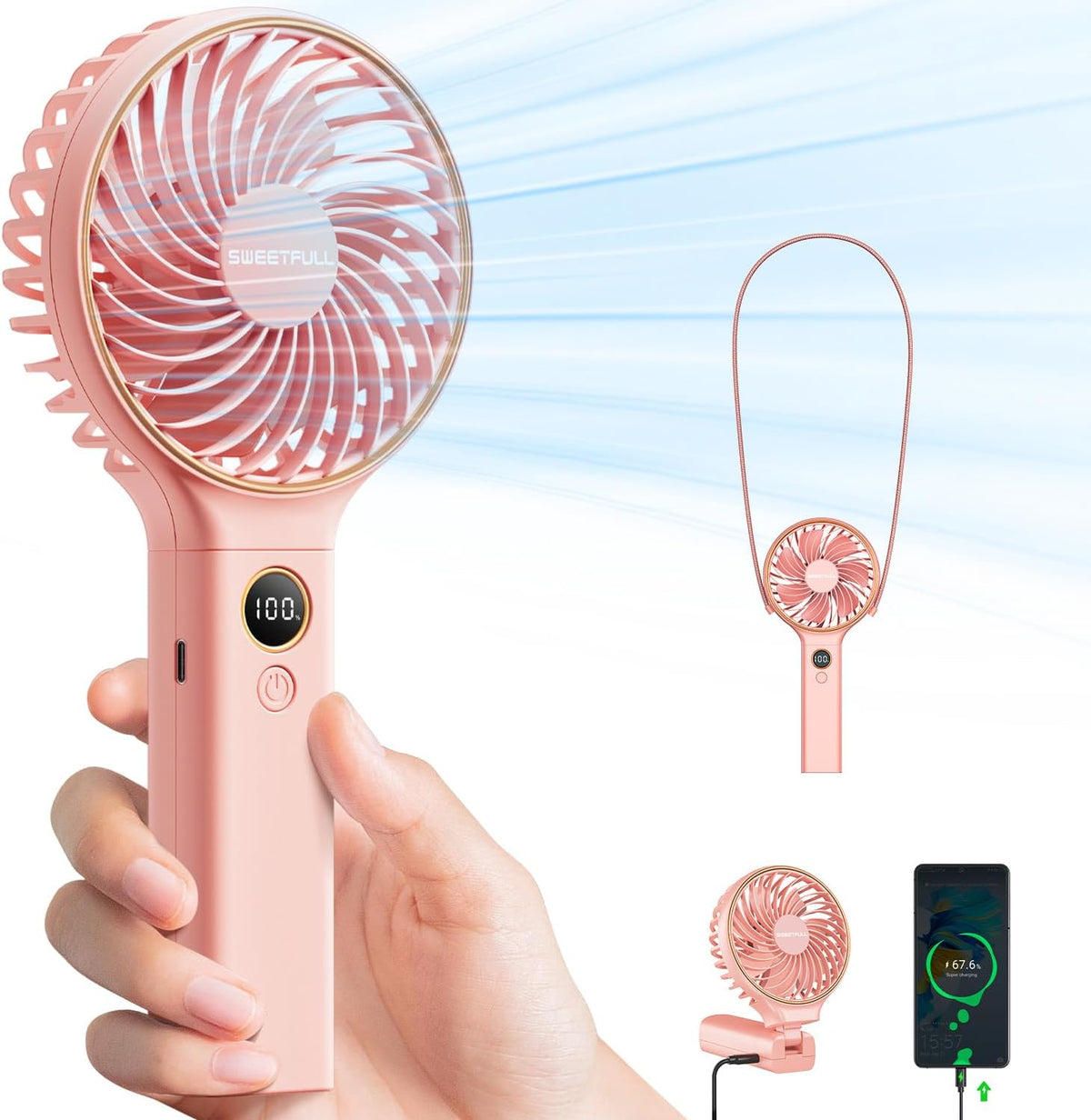 WhirlGo:  Handheld Fan, Portable Fan, 5000mAh Rechargeable Battery, 6 Speed Wind, LED Display, Personal Mini Travel Fan with Backup Power, Hand Held Fan USB Foldable Electric Fan for Women Girl