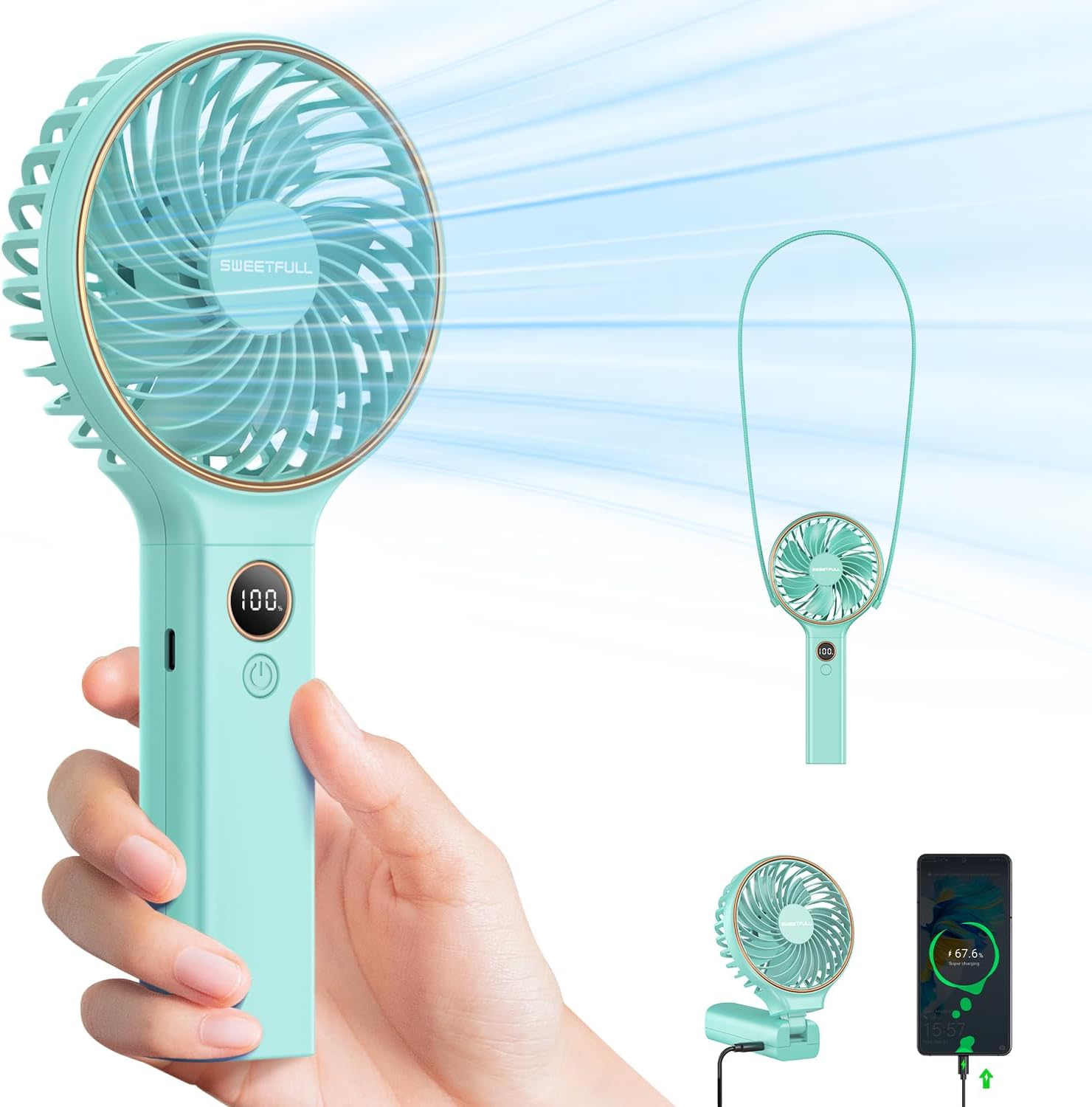 WhirlGo:  Handheld Fan, Portable Fan, 5000mAh Rechargeable Battery, 6 Speed Wind, LED Display, Personal Mini Travel Fan with Backup Power, Hand Held Fan USB Foldable Electric Fan for Women Girl