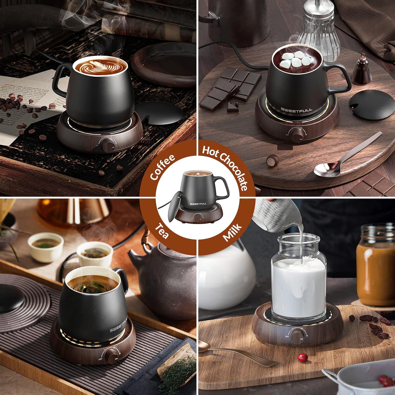 WhirlGo: Mug Warmer for Coffee and Tea Coffee Mug Warmer W/Mug and Lid Coffee Warmer As Coffee Gifts for Desk Office Coffee Lovers. （20W Cup Warmer Candle Warmer Auto Shut Off） (Wood Grain)